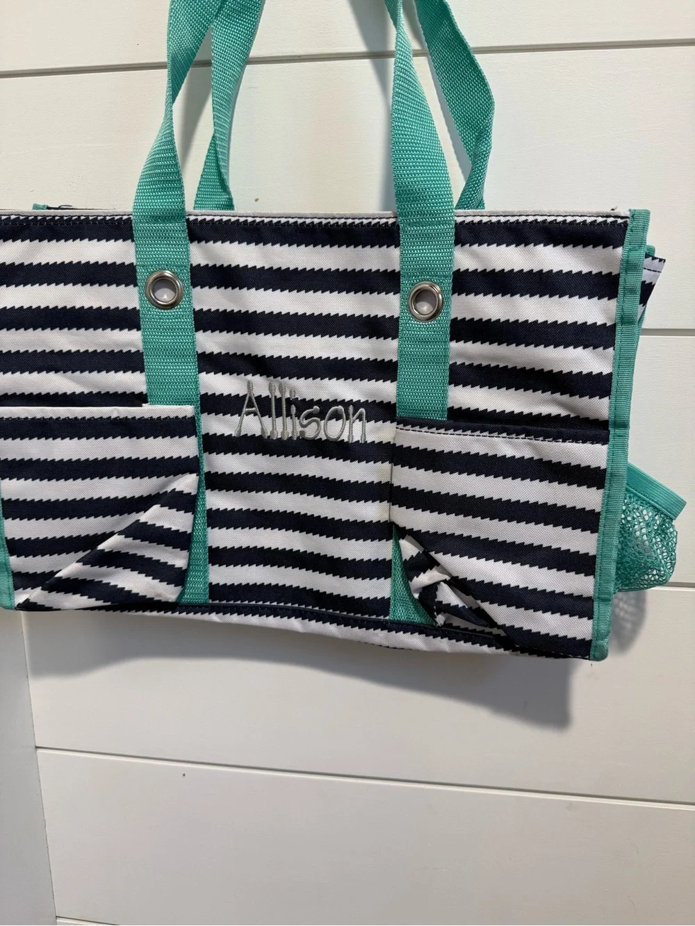thirty-one Navy and Teal Striped Tote with Monogram
